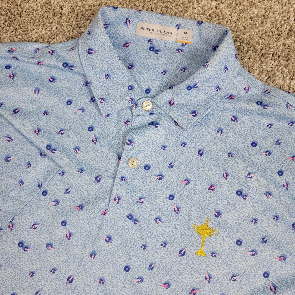Peter Millar Featherweight Mens Medium Blue AOP Tube Float Performance Polo SS